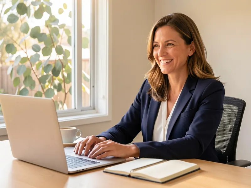 Smiling professional woman in a navy blazer working on a laptop in a bright home office with eucalyptus leaves at the window